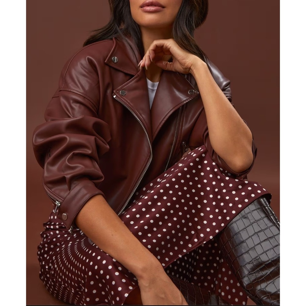 Lamarque Women's Mahogany Brown Dani Moto Jacket Large Cropped Belted Fall